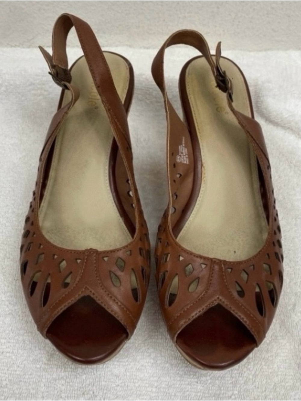 Nicole Women’s Brown Perforated Leather Peep Toe Platform Wedge Sandal Size 8.5